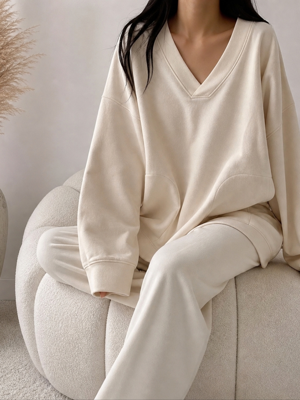 Champion Cream V-Neck Oversized Pullover Sweater